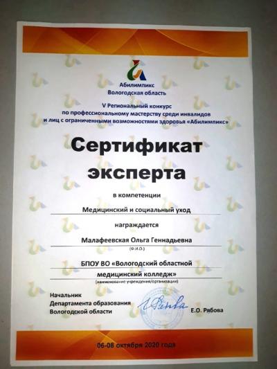 Сертификат эксперта регионального конкурса «Абилимпикс»-2020